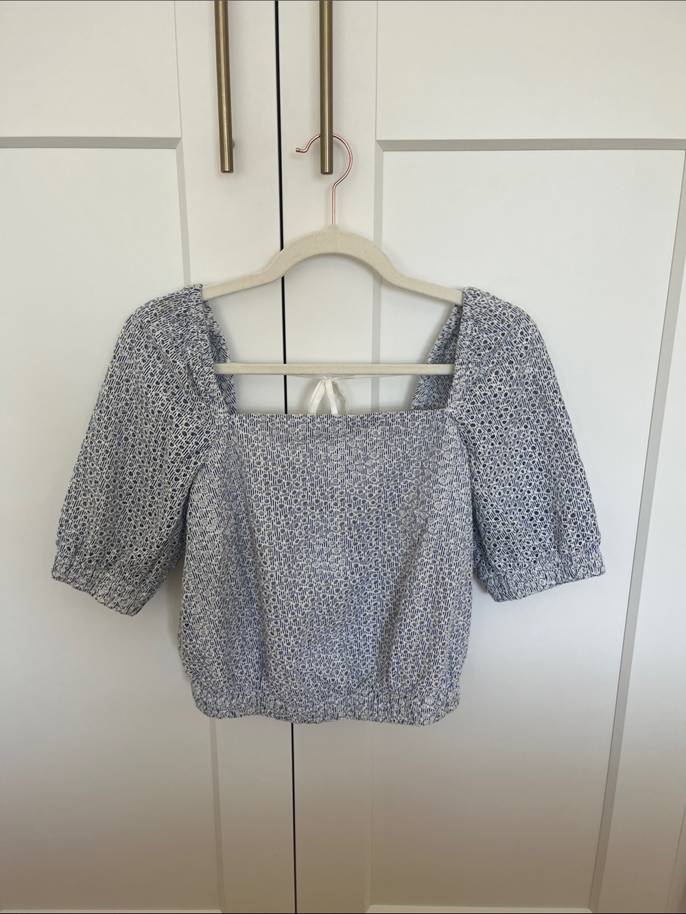 Everlane Blue Floral Square-Neck Puff Sleeve Top